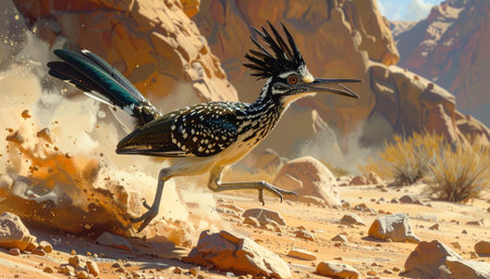 Roadrunner bird sprinting across desert rocks.の素材