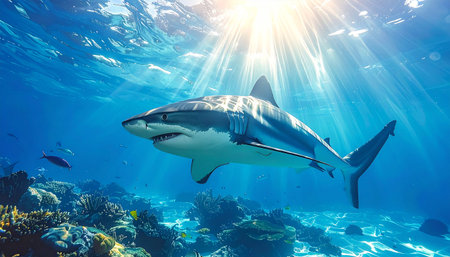 Shark swimming in clear blue water.の素材