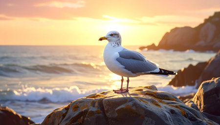 Seagull perched on rocks near sea.の素材