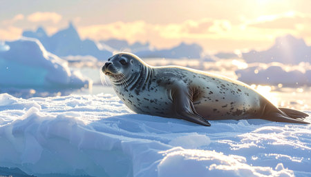Seal lounging on ice, soft sunlight, wide shot, realistic textures, minimalistic comp.の素材