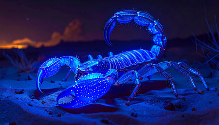 Scorpion under ultraviolet light glowing blue, desert background, macro night shot.の素材