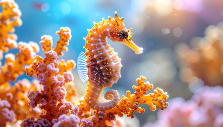Seahorse holding onto coral branch.の素材
