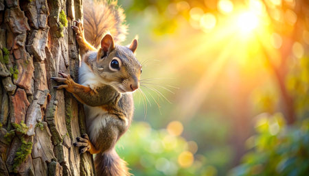Squirrel climbing a tree trunk, soft pastel lighting, wide-angle, realistic fur texture.の素材