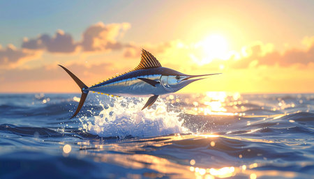 Swordfish leaping above water surface.の素材
