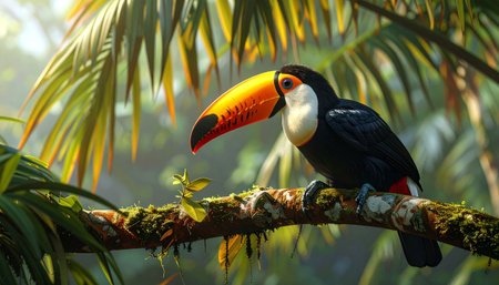 Toucan in tropical branch, vibrant beak colors, soft sunlight, wide shot, shallow depth.の素材