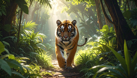 Tiger walking through lush jungle, soft morning light, wide shot, realistic fur texture.の素材
