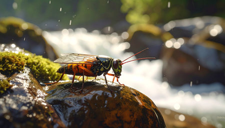 Stonefly on wet rocks near stream, macro detail, cinematic composition.の素材