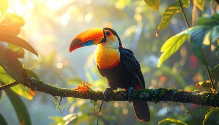 Toucan in tropical branch, vibrant beak colors, soft sunlight, wide shot, shallow depth.の素材