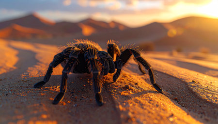 Tarantula crawling on desert sand, dramatic low lighting, close-up.の素材
