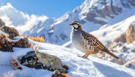 Snow partridge camouflaged on rocky Himalayan slope, soft cold light, wide shot.の素材