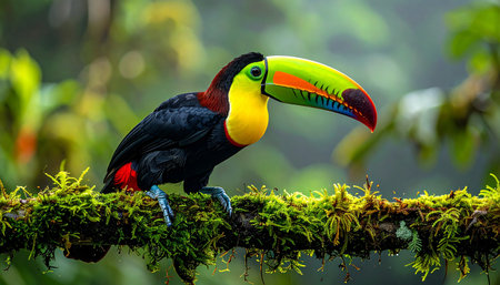 Toucan in tropical branch, vibrant beak colors, soft sunlight, wide shot, shallow depth.の素材
