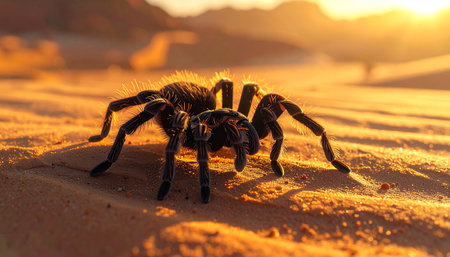 Tarantula crawling on desert sand, dramatic low lighting, close-up.の素材