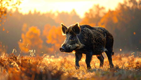Wild boar walking across meadow, soft sunset light, wide-angle view, realistic texture.の素材