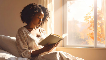 Young woman reading a book by window, warm sunlight, dramatic shadows, pastel-colored.の素材