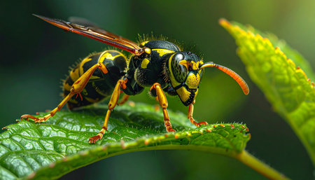 Wasp perched on green leaf, glossy exoskeleton highlighted, close macro.の素材