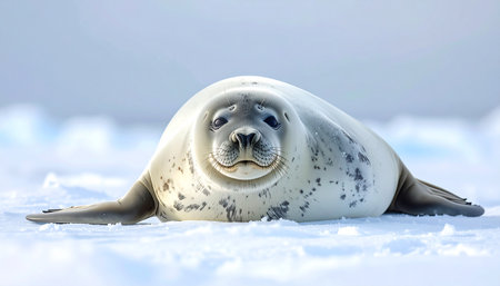 Weddell seal resting on snow, soft light, wide shot, realistic fur texture, minimalis.の素材