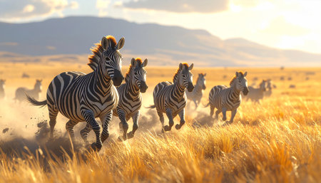 Zebra herd running across dry.の素材
