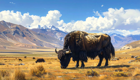 Yak grazing in Tibetan plateau.の素材