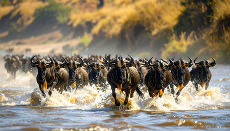 A close-up of a wildebeest migratory crossing.の素材