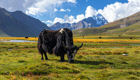 Yak grazing in Tibetan plateau.の素材