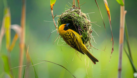 Yellow weaver bird weaving nest among reeds, blurred green background, natural daylight.の素材