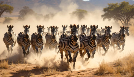 Zebra herd running across dry.の素材