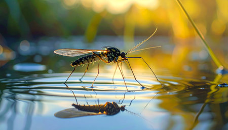 Water strider insect walking on pond surface tension, close-up macro, daylight.の素材