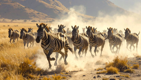 Zebra herd running across dry.の素材