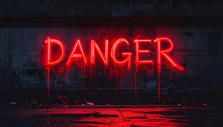 DANGER graffiti on dark urban wall, red spray paint dripping, neon reflections.の素材