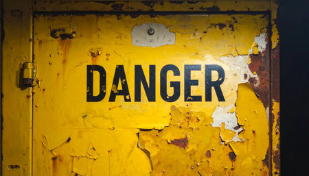 DANGER sign printed on scratched metal plate, yellow paint peeling off, dark indust.の素材