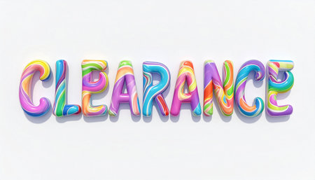 Clearance in multicolored candy swirl letters, glossy, playful, soft lighting.の素材