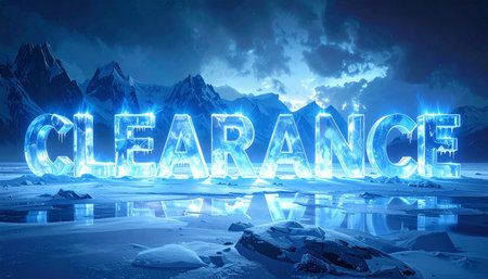 Clearance in thick ice letters, frosted edges, cold blue highlights, realistic froz.の素材