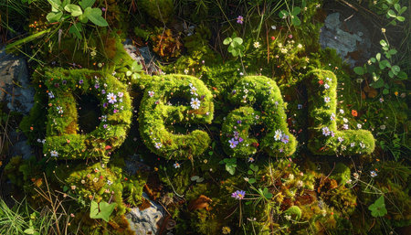 Deal in thick moss-covered letters with tiny wildflowers and morning dew, realistic.の素材