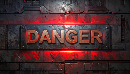 DANGER sign on metallic surface with red warning lights, scratches, industrial text.の素材