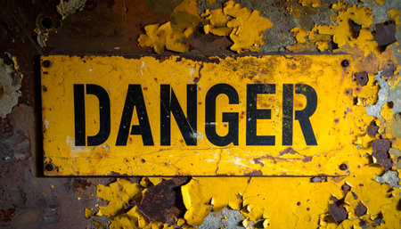DANGER sign printed on scratched metal plate, yellow paint peeling off, dark indust.の素材