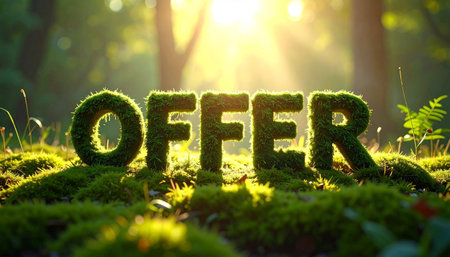 Offer in mossy 3D letters, soft grassy edges, natural sunlight filtering through.の素材