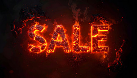 Sale in molten lava letters, glowing red-orange cracks, smoky edges.の素材