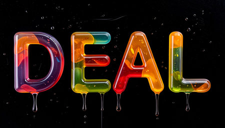 Deal in vibrant jelly candy letters, translucent, dripping slightly, glossy highlig.の素材