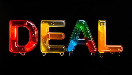 Deal in vibrant jelly candy letters, translucent, dripping slightly, glossy highlig.の素材