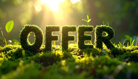 Offer in mossy 3D letters, soft grassy edges, natural sunlight filtering through.の素材