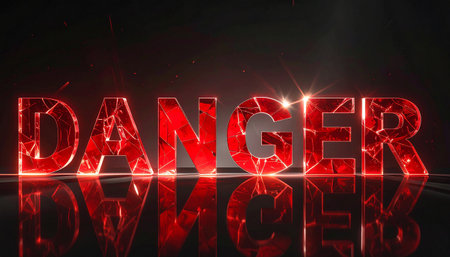 DANGER typography with shattered red glass, black background, glowing edges.の素材