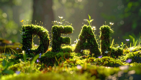 Deal in thick moss-covered letters with tiny wildflowers and morning dew, realistic.の素材