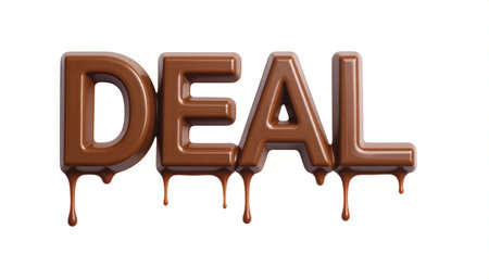 Deal in milk chocolate letters, smooth and creamy texture, subtle drips, photoreali.の素材