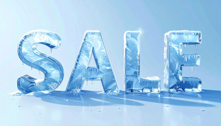 Sale in frozen ice letters, transparent with frost edges, cold blue lighting.の素材