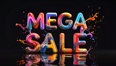 Mega Sale in dynamic liquid letters, swirling colorful fluids, high-gloss reflection.の素材
