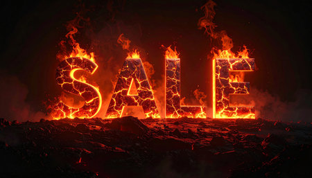 Sale in molten lava letters, glowing red-orange cracks, smoky edges.の素材