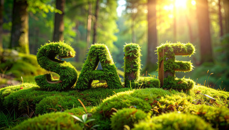 Sale in 3D letters completely covered with vibrant green moss and fine grass.の素材