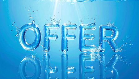Offer in water-like letters, clear blue transparency, soft ripples, tiny splashes.の素材