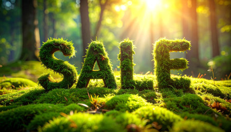 Sale in 3D letters completely covered with vibrant green moss and fine grass.の素材