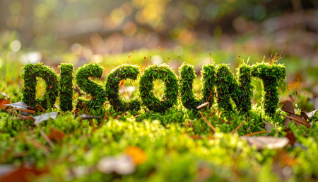 Discount in vibrant moss letters, small blades of grass growing around.の素材